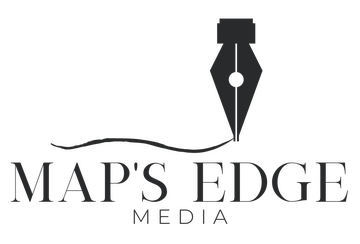 A calligraphy pen nib with a curvy line trailing from it. Under it, "Map's Edge Media."